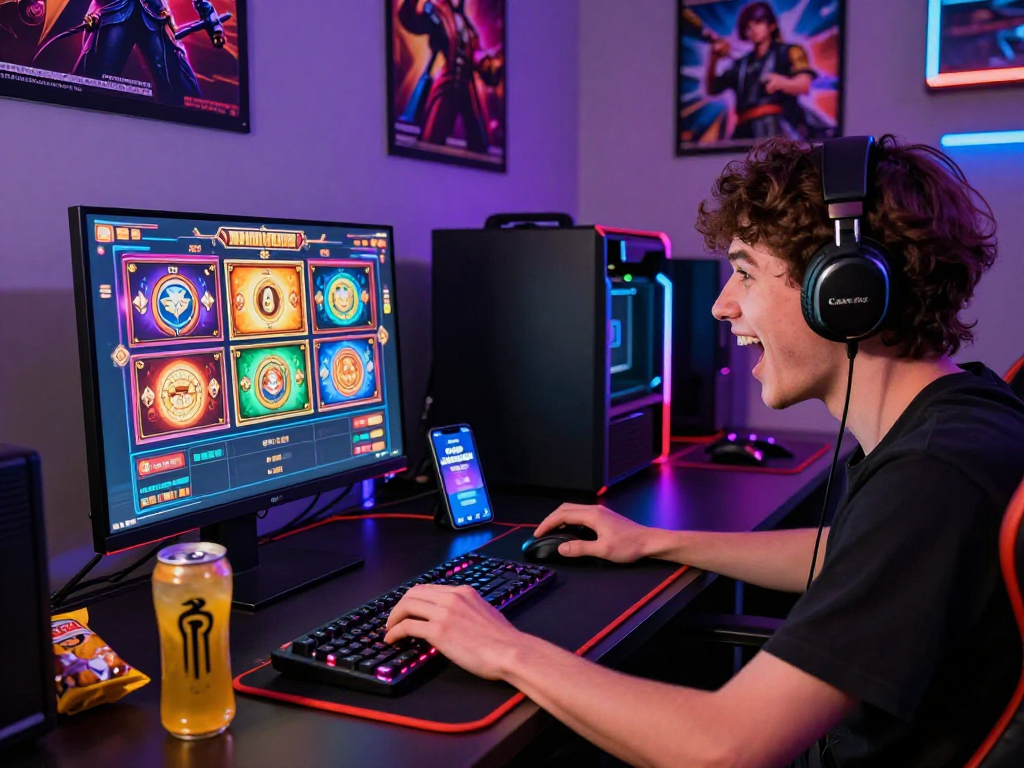 Pengguna JANDASLOT88 yang antusias bermain dengan latar permainan slot yang cerah dan menarik di komputer, menampilkan suasana bermain game online yang mendebarkan.