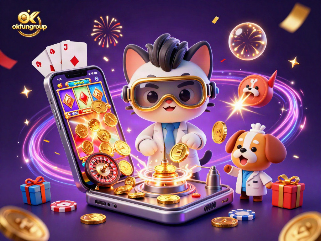 Spin and win with okfungroup while enjoying the dynamic gaming scene featuring vibrant casino elements.