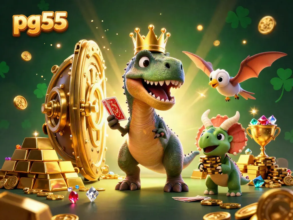 Experience the thrill of pg55 casino gaming with a fun T-Rex and colorful characters in a vibrant 3D scene.