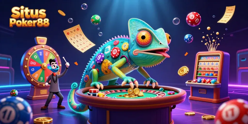 Situs Poker88 brings excitement with a colorful casino illustration featuring poker chips, lottery balls, and a chameleon.