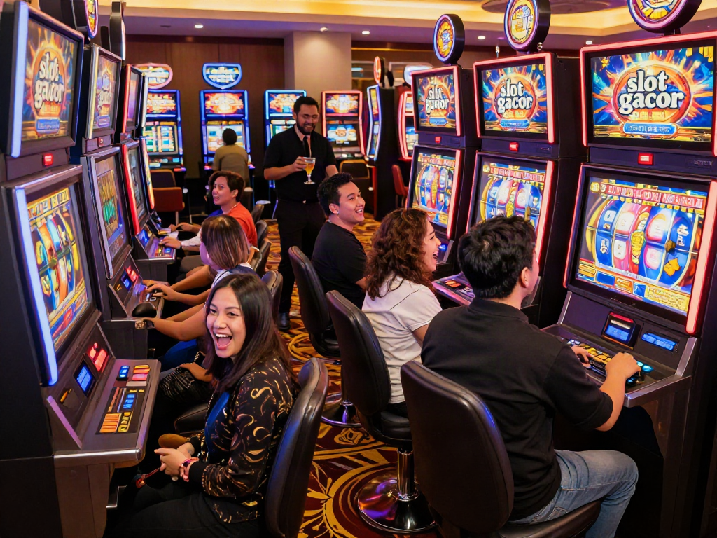 Excited players enjoying the slot gacor gaming experience on a vibrant casino floor.