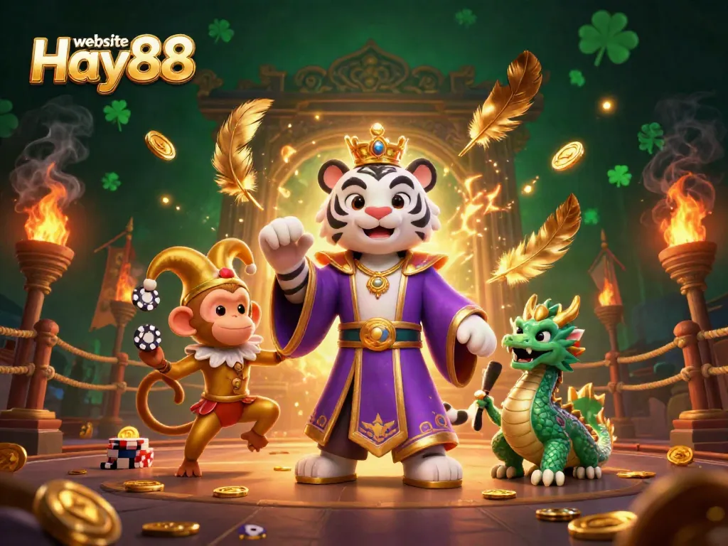 Engage with thrilling gaming at website Hay88 as a majestic white tiger and playful monkey illuminate the vibrant casino scene.