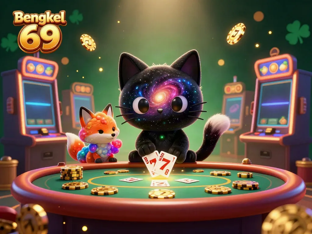 Engage with Bengkel 69 as a playful black hole cat charms golden chips and cards in a vibrant casino.