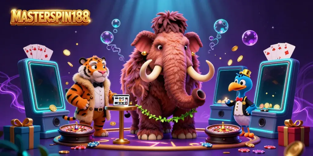 Engage with MASTERSPIN188 at the vibrant casino entrance, featuring dynamic characters and colorful slot games.