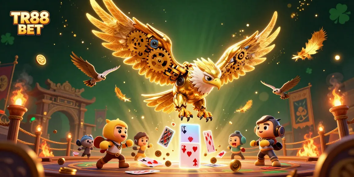 Experience TR88 BET’s thrilling gaming adventure with a stunning 3D illustration of a golden eagle and drone falcon.