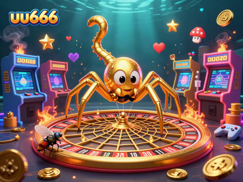 Place bets with uu666 at a thrilling casino scene featuring a spider croupier and colorful games.