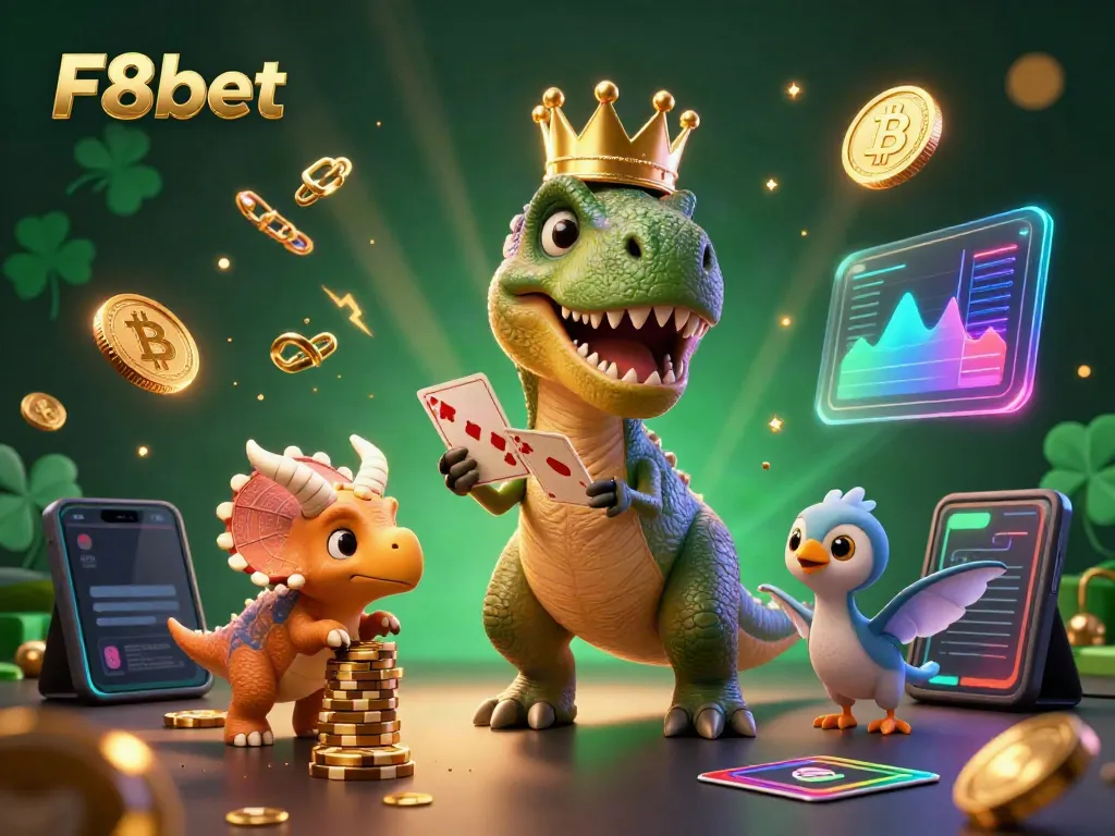 Experience thrilling gameplay with F8bet as T-Rex shuffles cards with assistance in this vibrant casino scene.