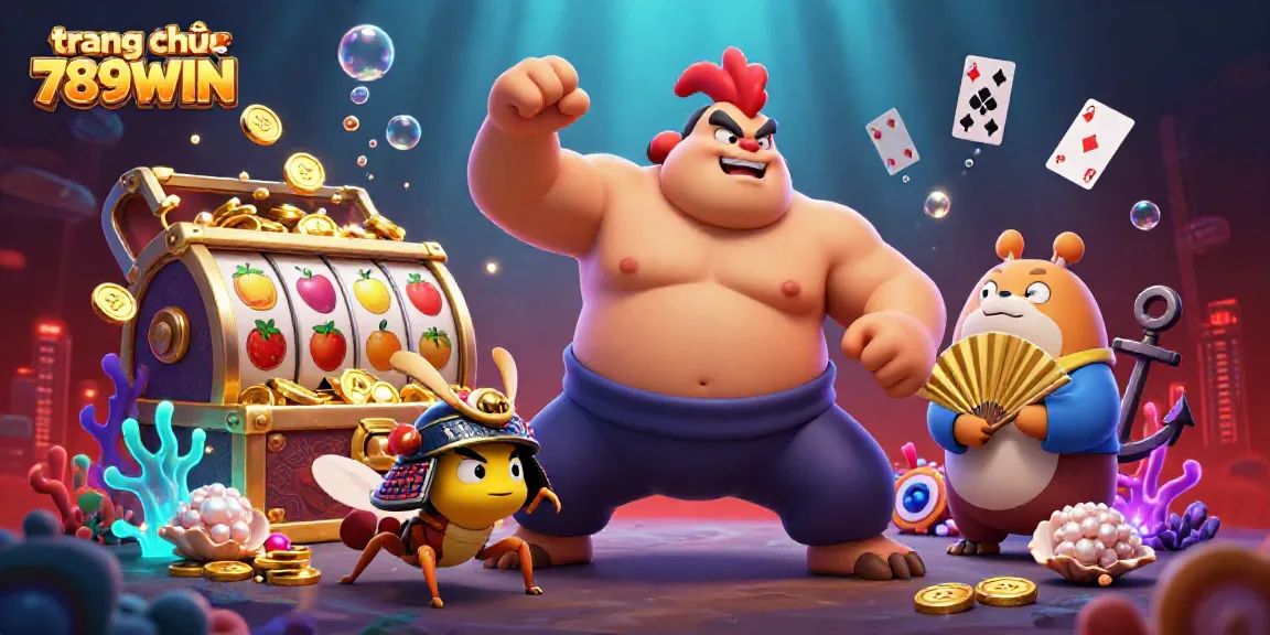 Experience the excitement of trang chủ 789WIN with a thrilling 3D scene of a sumo wrestler rooster, samurai cricket, and tanuki announcer.