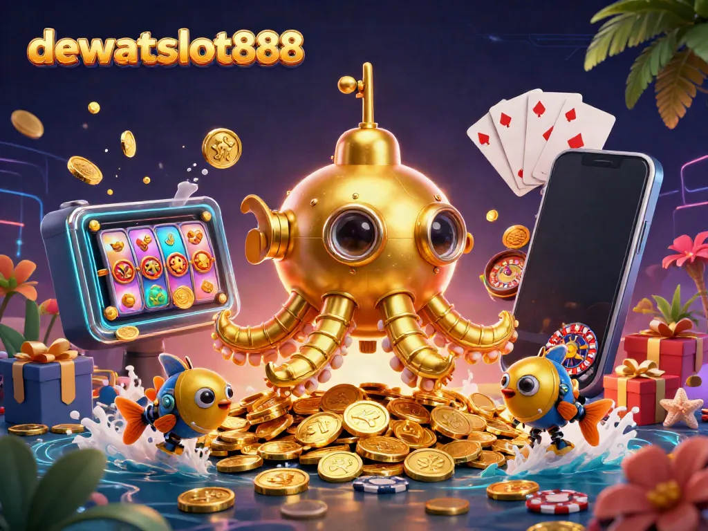 Menangkan pengalaman judi online di dewataslot888 dengan ilustrasi 3D kraken dan game slot berwarna-warni.