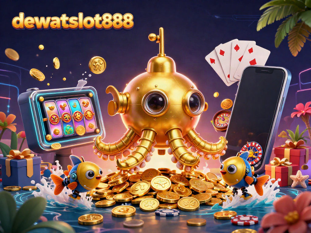 Menangkan pengalaman judi online di dewataslot888 dengan ilustrasi 3D kraken dan game slot berwarna-warni.