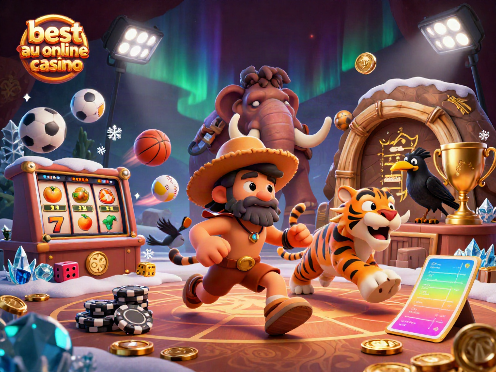 Engaging 3D scene showcasing the best AU online casino with unique characters and dynamic gaming elements.