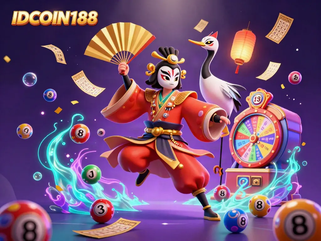 Get lucky with IDCOIN188 in this vibrant casino-themed illustration showcasing lottery excitement.