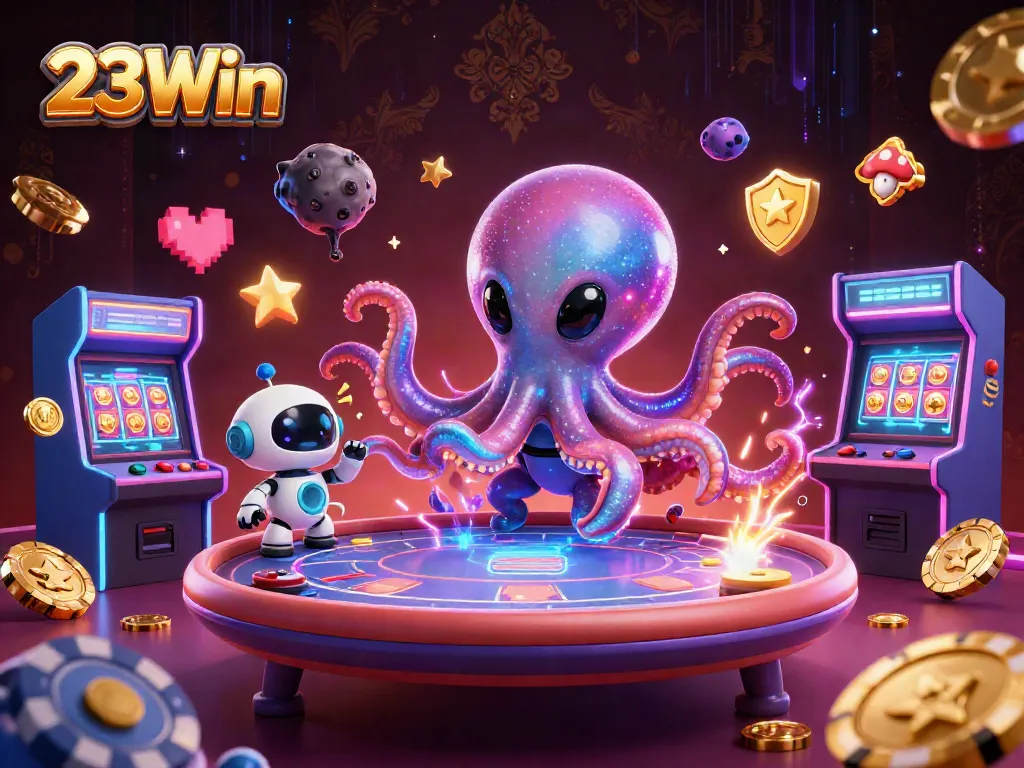 Engage in thrilling gaming action with 23Win, featuring a vibrant scene of alien characters at a cosmic poker table.