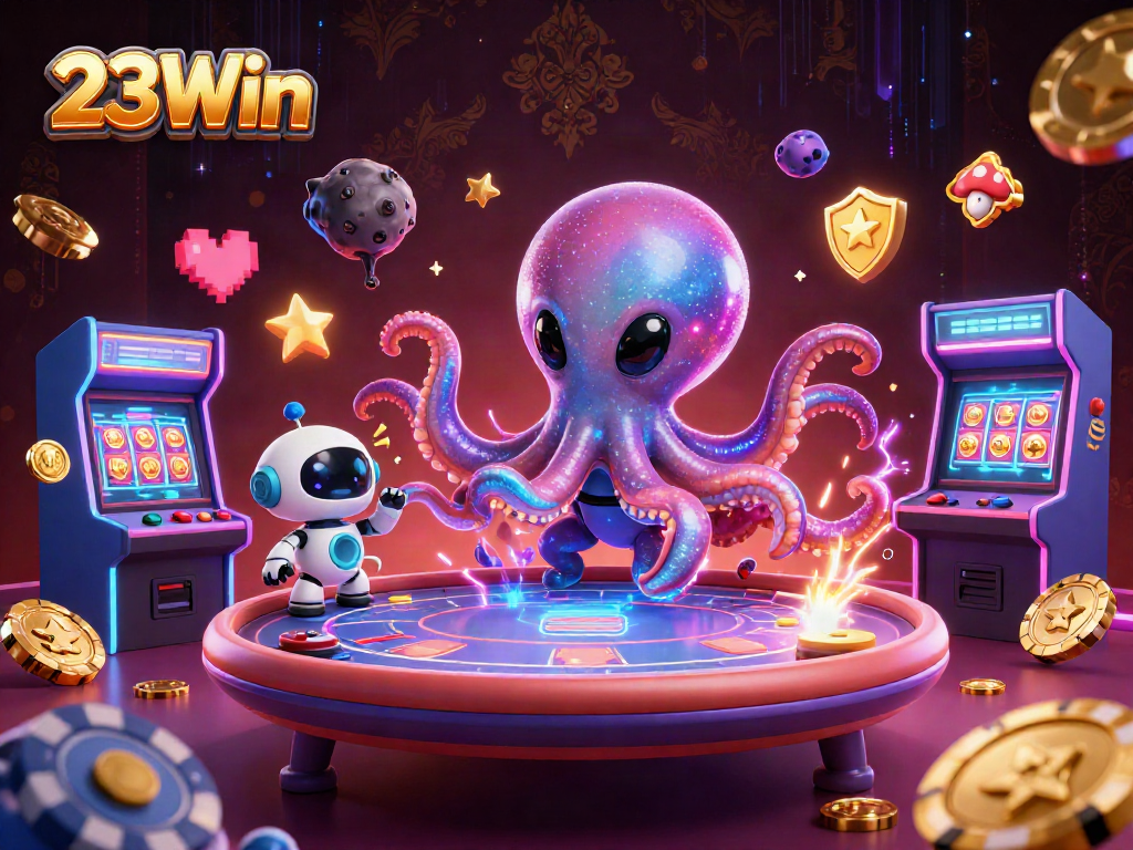 Engage in thrilling gaming action with 23Win, featuring a vibrant scene of alien characters at a cosmic poker table.