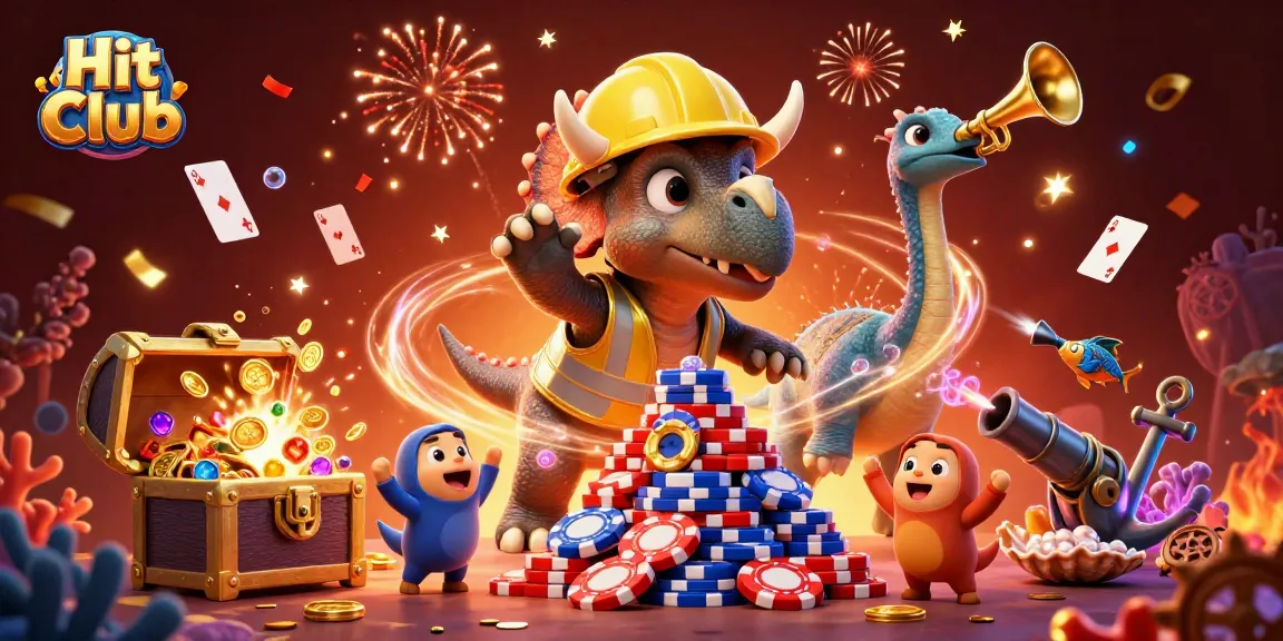Hit Club's vibrant 3D carnival depicts poker triumph with dinosaurs and marine treasures.