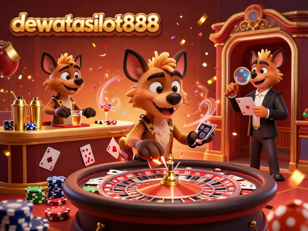 Hyena bermain di kasino langsung dewataslot888 dalam suasana meriah, penuh warna dan detail.