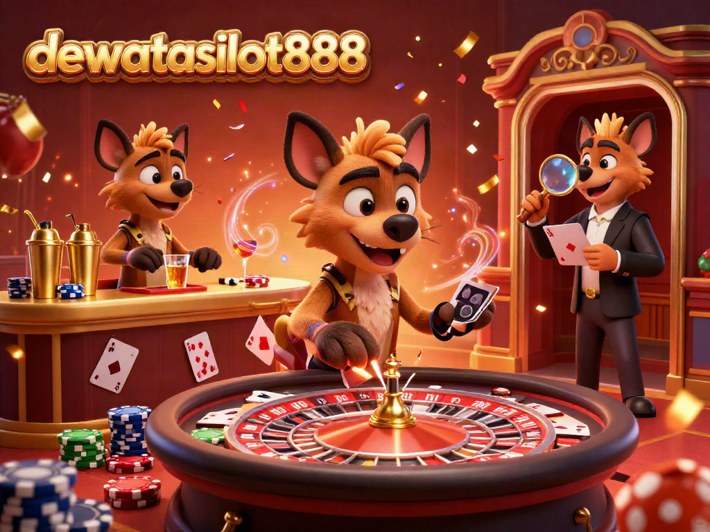 Hyena bermain di kasino langsung dewataslot888 dalam suasana meriah, penuh warna dan detail.