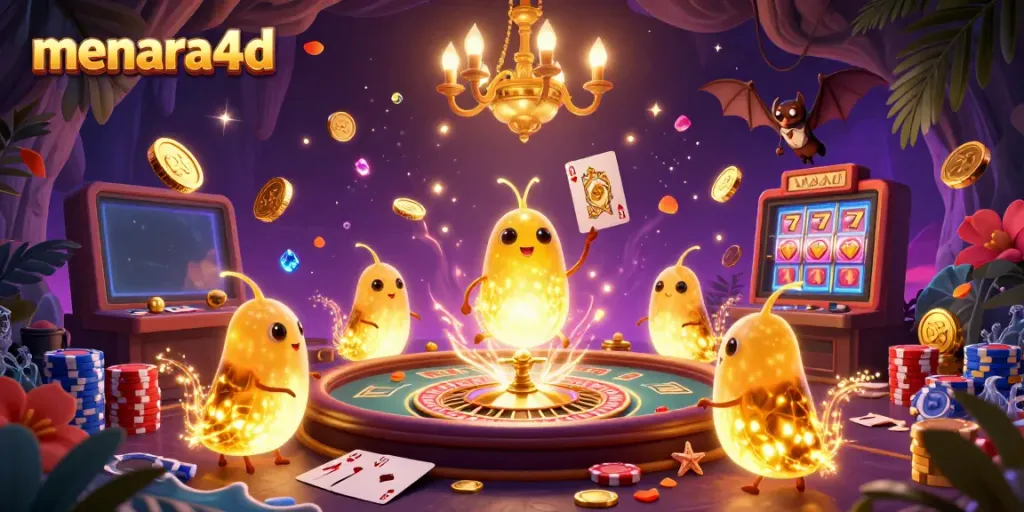 Experience vibrant casino fun with menara4d's glowworms lighting up a cave, showcasing exciting gambling elements.