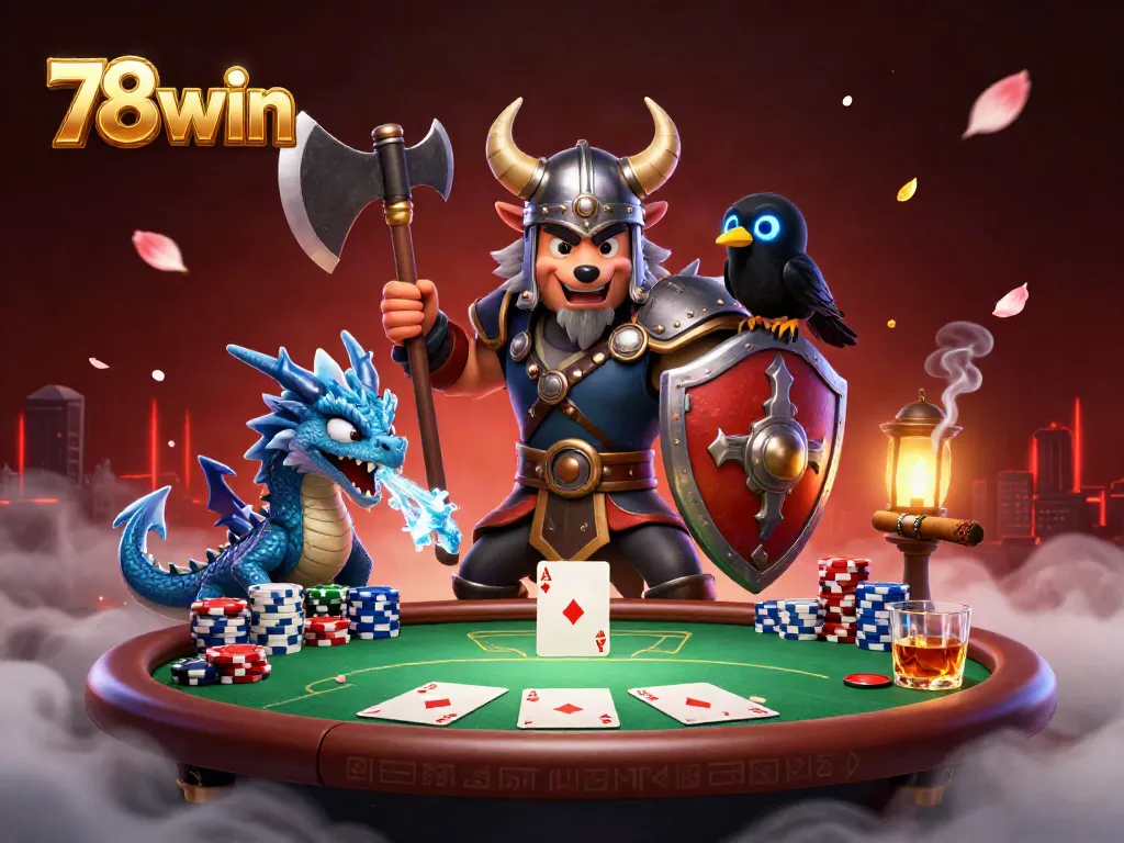 Engage in exciting gameplay at 78win, featuring a Viking warrior and a fierce dragon in a dynamic casino scene.