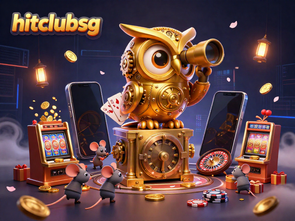 Experience hitclubsg's vibrant casino excitement with a golden owl scanning slot games and cheerful patrons.