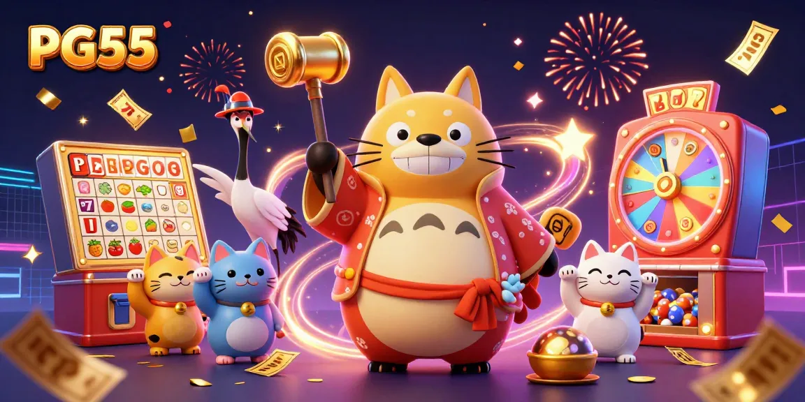 Celebrate winning moments at PG55 with lucky characters in a vibrant casino scene.