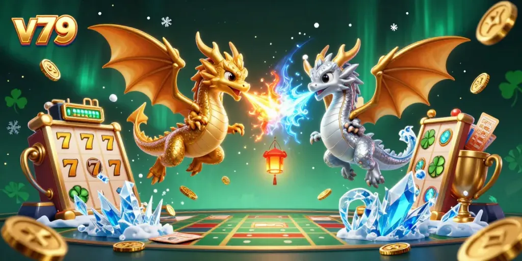 Engaging 3D illustration showcasing v79 with golden and silver dragons amidst slot machines and coins.
