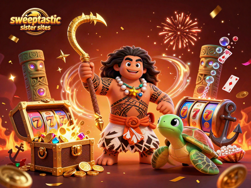 Sweeptastic sister sites showcase vibrant slots and casino treasures amidst vibrant gaming elements.