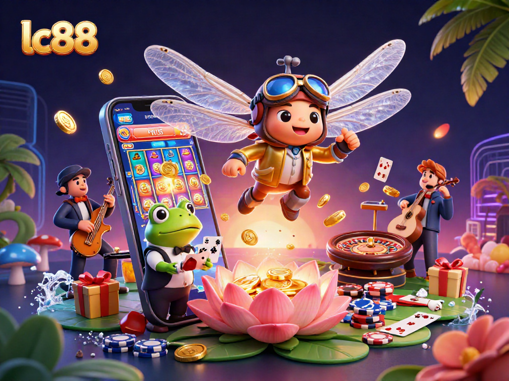 Engage in thrilling gameplay at lc88, featuring a lively dragonfly pilot and casino atmosphere.
