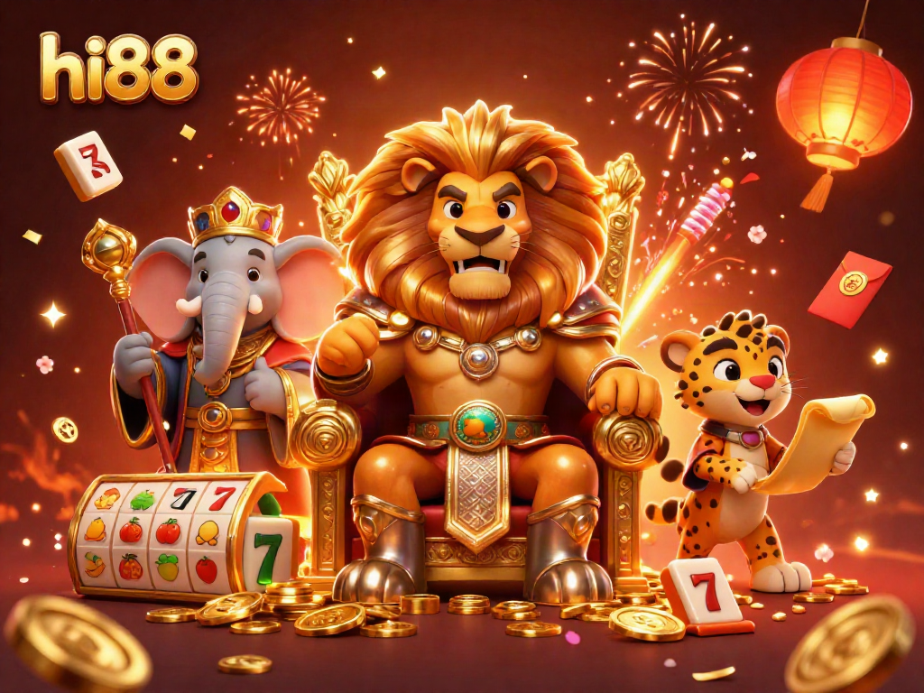 Engage in thrilling gameplay at hi88 with a vibrant 3D casino scene featuring majestic characters.