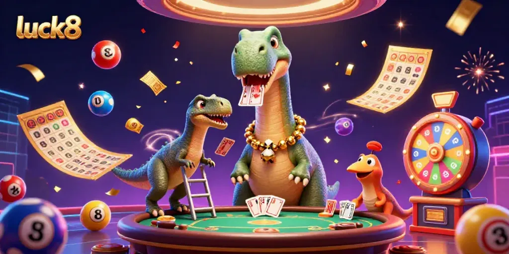 Experience thrilling gaming action at luck8 with colorful elements and dynamic characters in a vibrant casino.