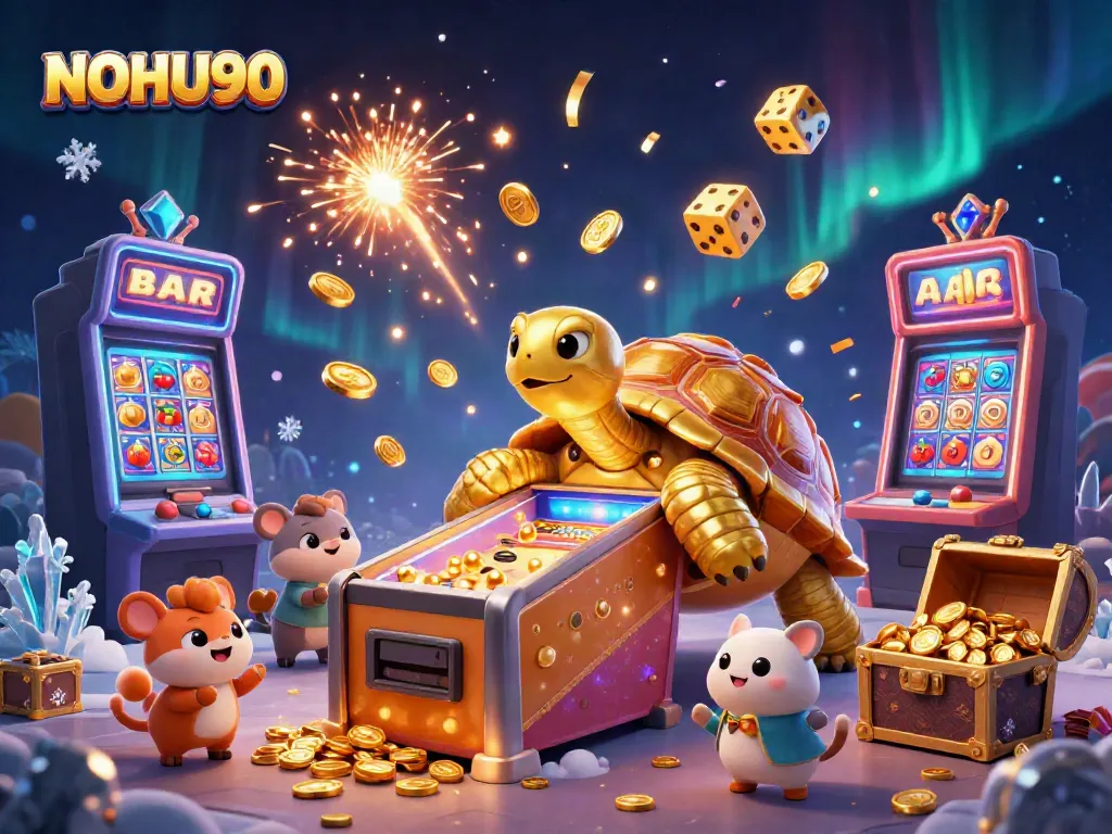 NOHU90 illuminates gamers as animated tortoise plays lively pinball in a colorful casino.