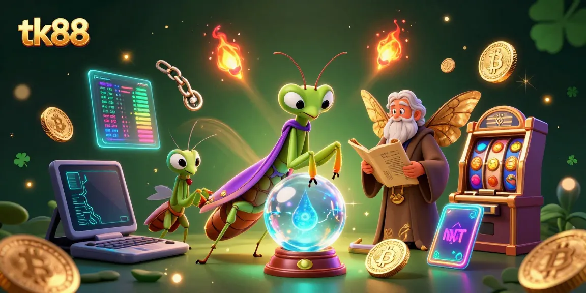 Engage with tk88's vibrant scene featuring a fortune teller and a moth librarian amidst crypto coins and a slot machine.