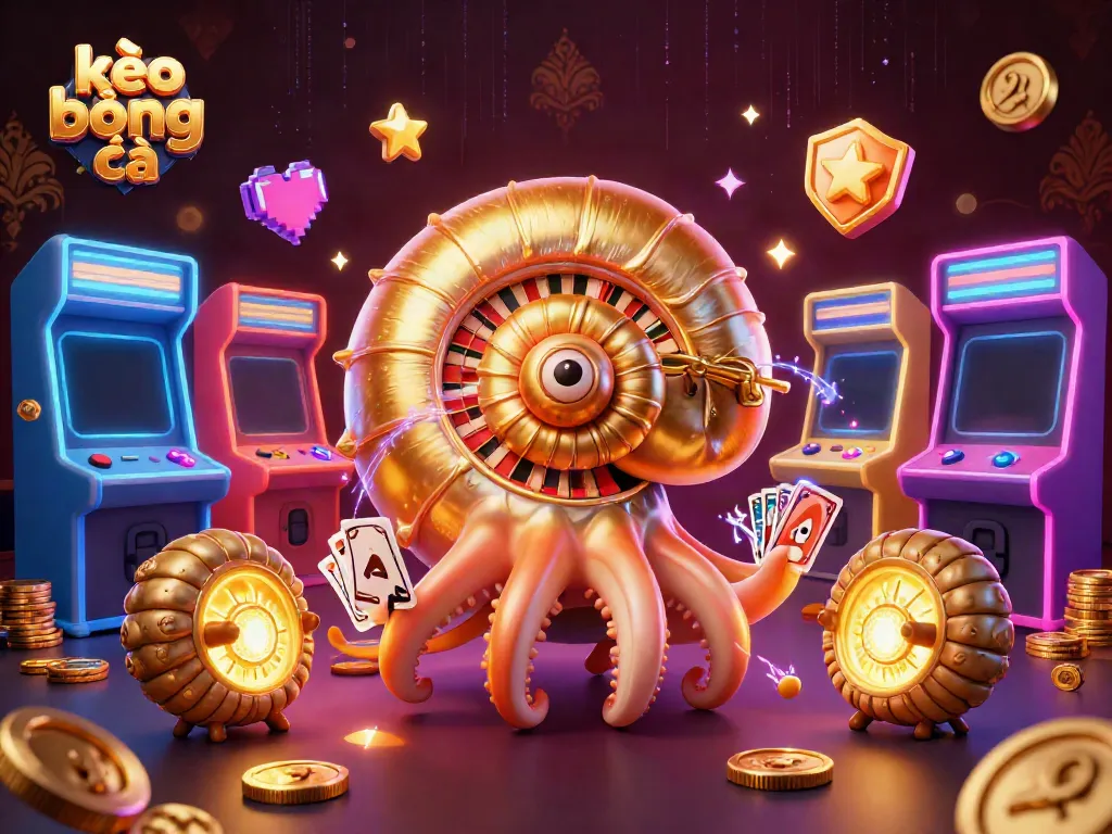 Bet on kèo bóng đá with a vibrant illustration of a giant nautilus as a roulette wheel, showcasing various casino elements.