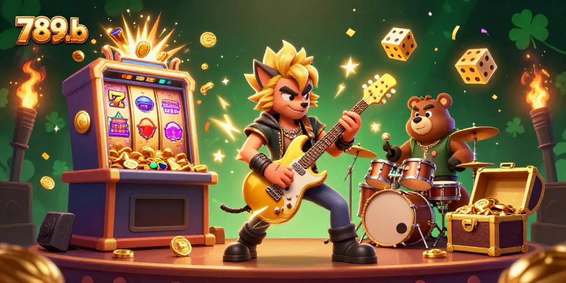 Experience thrilling jackpots and action with 789b's colorful casino stage featuring a rock star wolf and vibrant game elements.