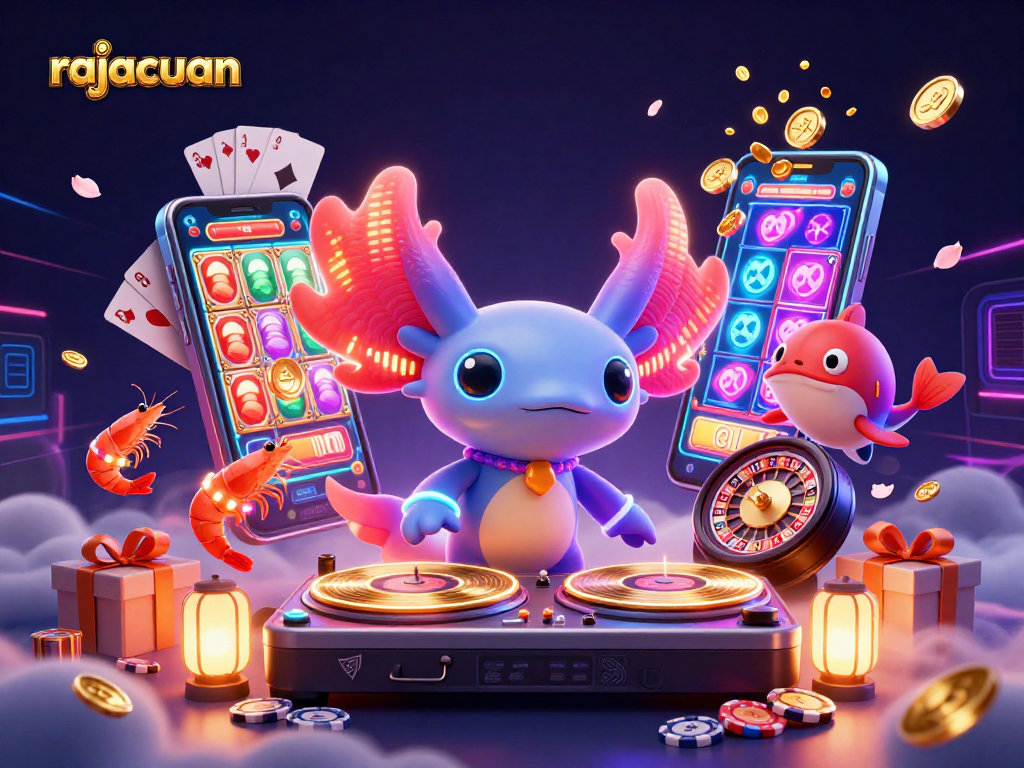 Experience the excitement of rajacuan with vivid casino elements featuring a neon axolotl DJ, dynamic games, and festive decorations.