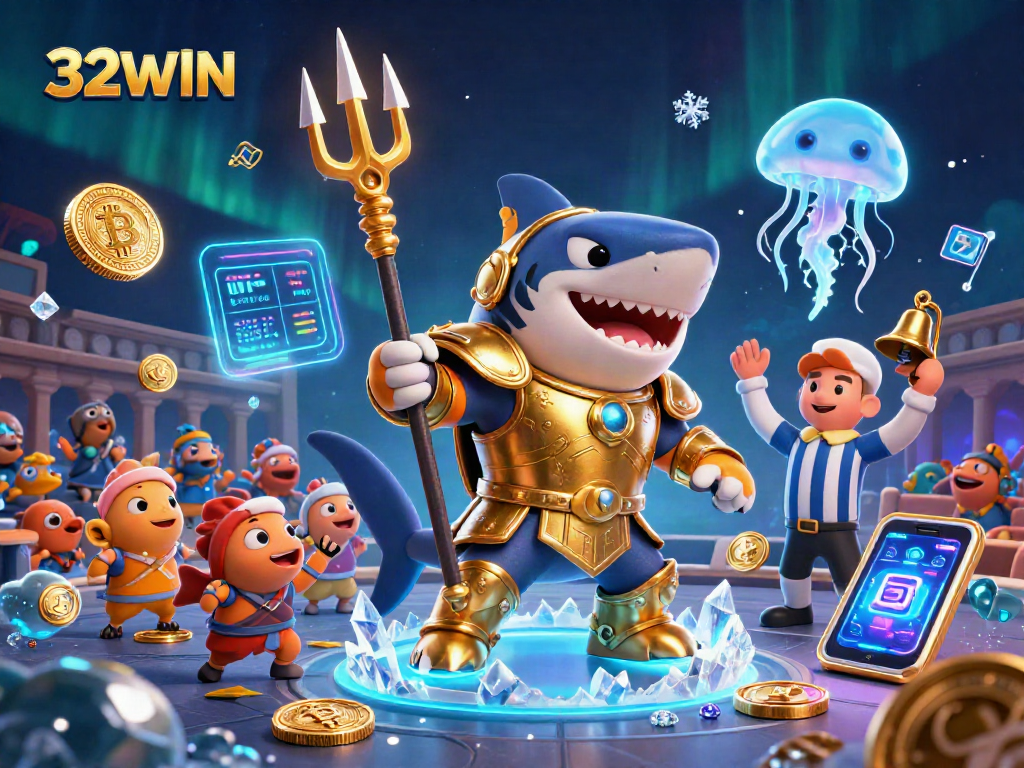 Engage in thrilling action with the 32WIN underwater casino featuring a shark gladiator and vibrant crypto elements.