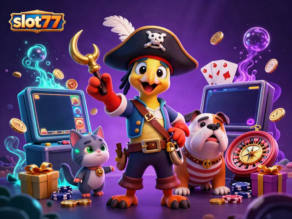 Engage in exciting slot777 gameplay with vibrant characters amidst a rich casino environment.
