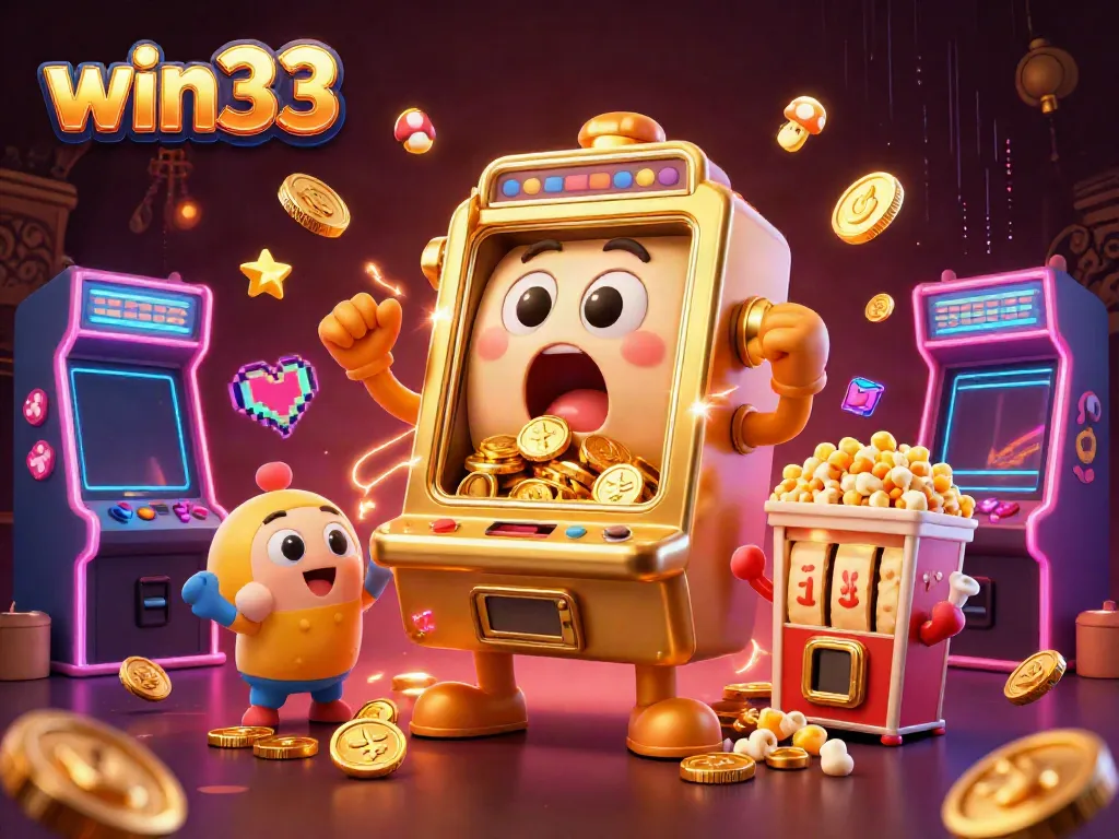 Experience the win33 excitement with a golden slot machine hitting jackpots, surrounded by colorful casino elements.