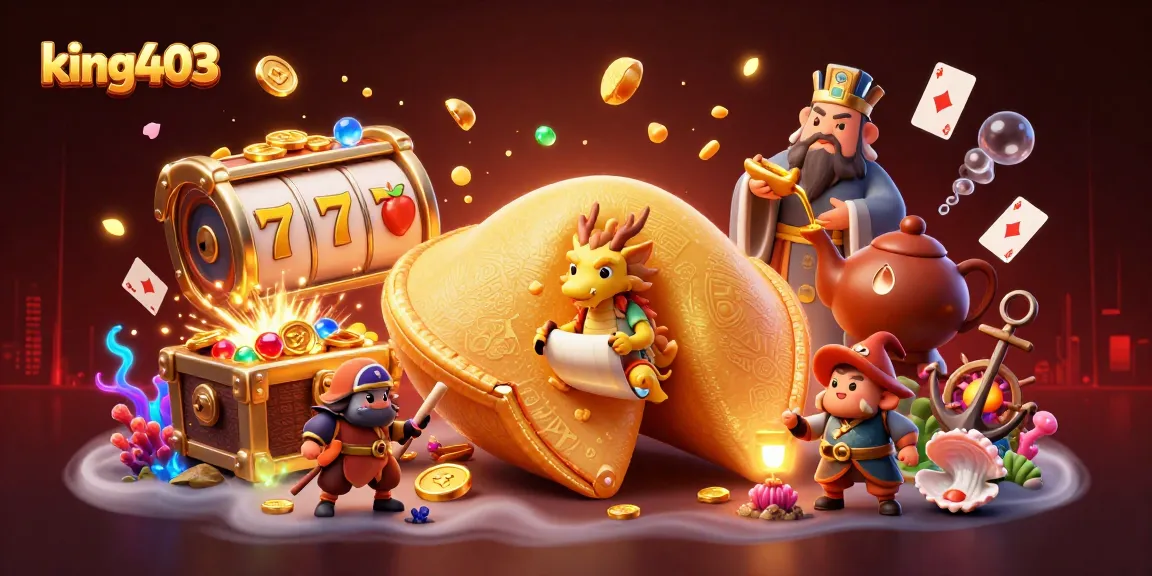 Experience the excitement of king403's slot games with a vibrant illustration of a golden fortune cookie and dynamic casino elements.