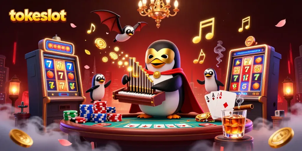 Experience thrilling wins at Tokeslot with a whimsical penguin, slot reels, and golden coins.