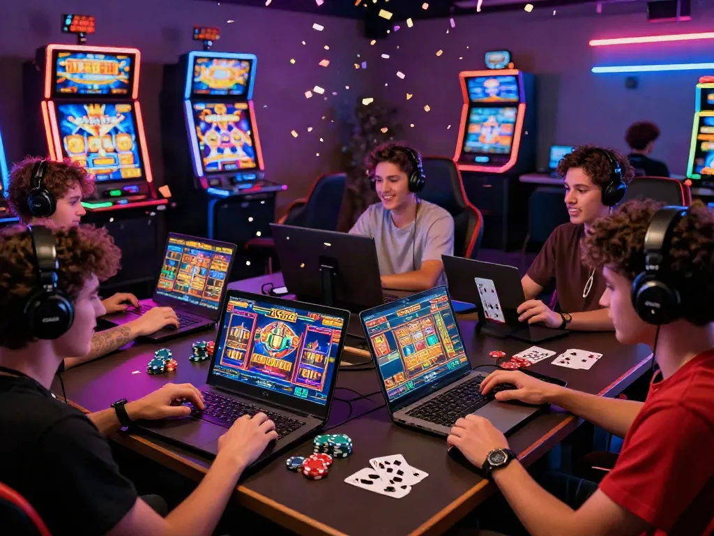Engaging online gaming experience with players enjoying slot gacor hari ini on laptops and smartphones in a vibrant setting.
