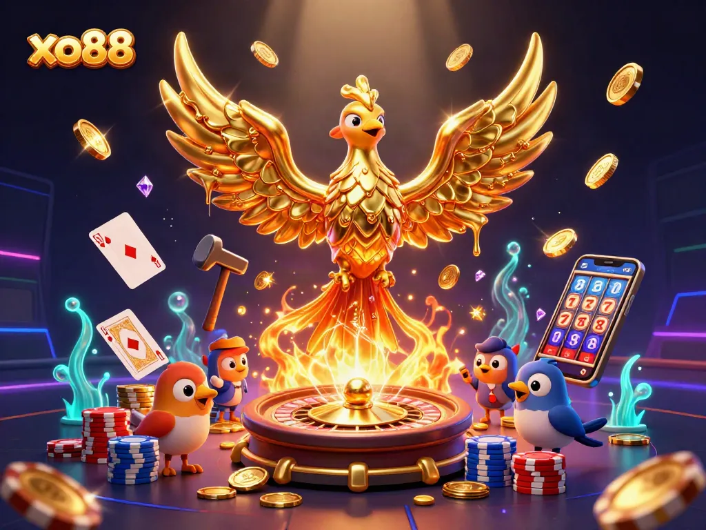 Experience the thrill of xo88 as golden coins and vibrant poker chips cascade through an enchanting casino landscape.