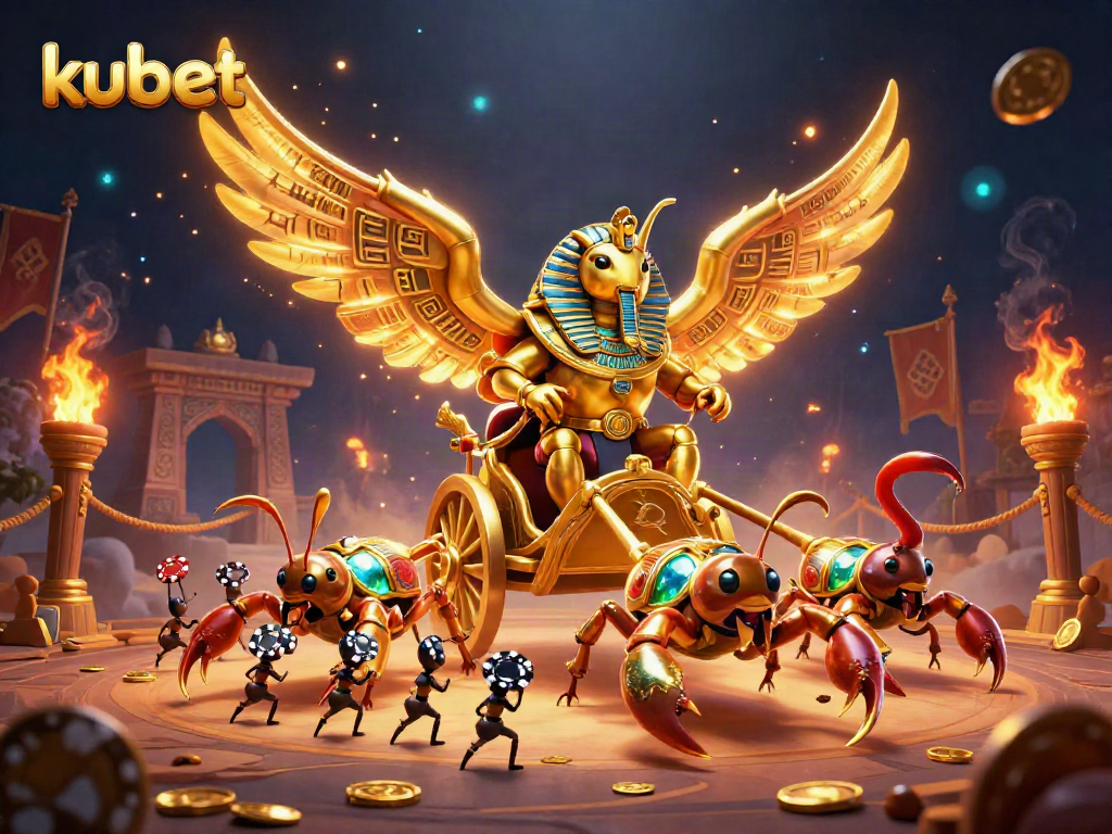 Engage in kubet with a colossal golden scarab beetle and scorpions amidst a rich casino scene.