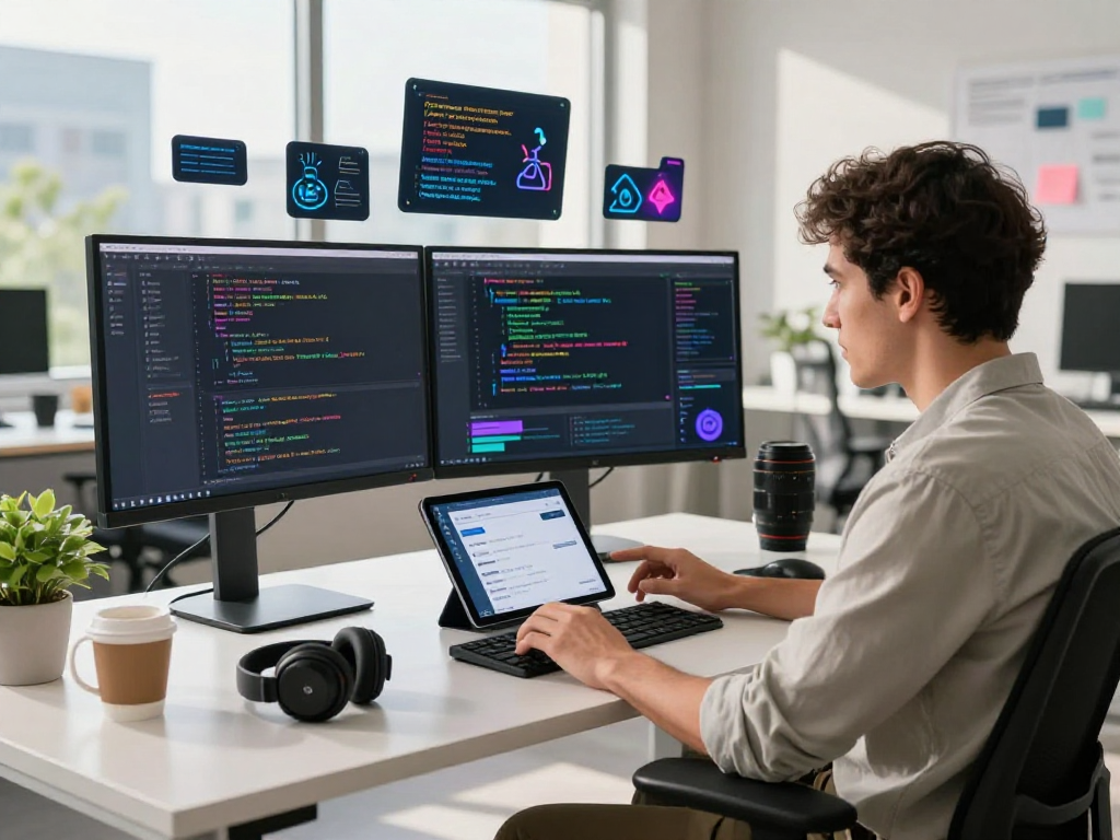 Software developer immersed in a spicy ai project at a modern desk surrounded by vibrant code displays and natural light.