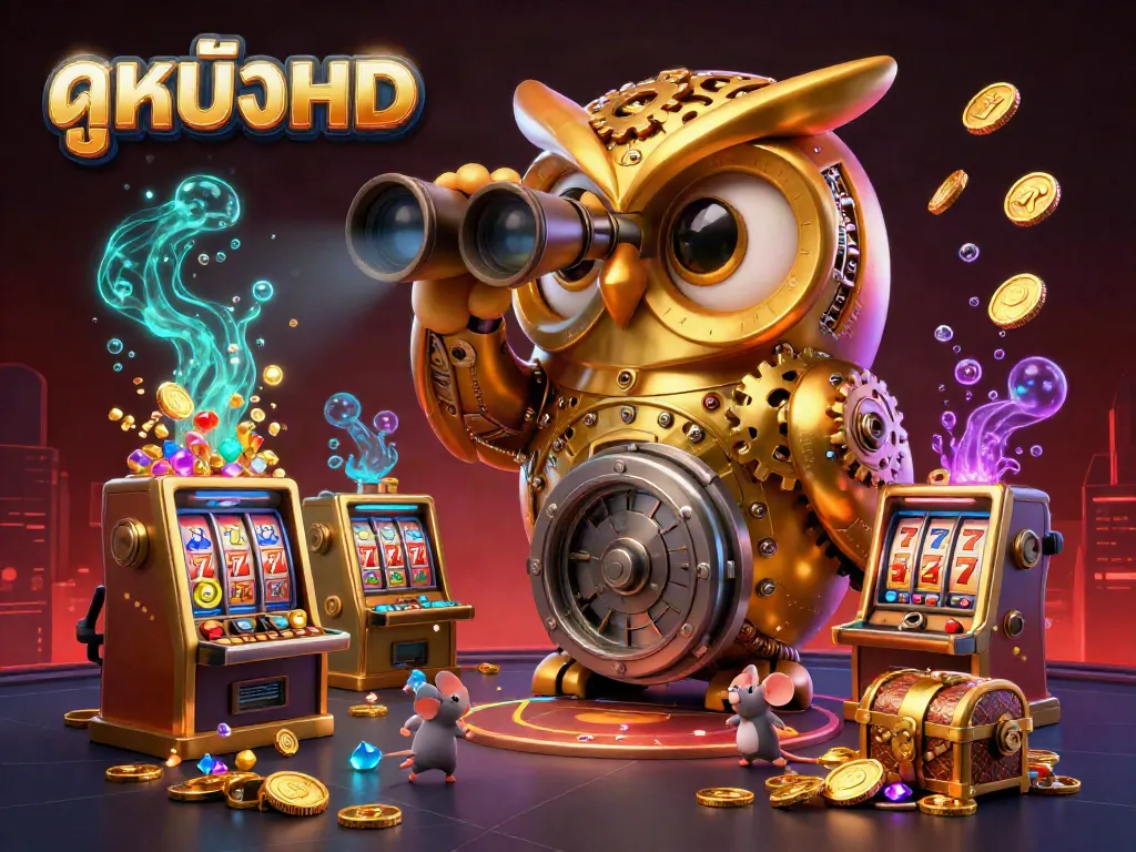 Experience watching ดูหนังHD with our golden owl overseeing a vibrant casino scene full of excitement.