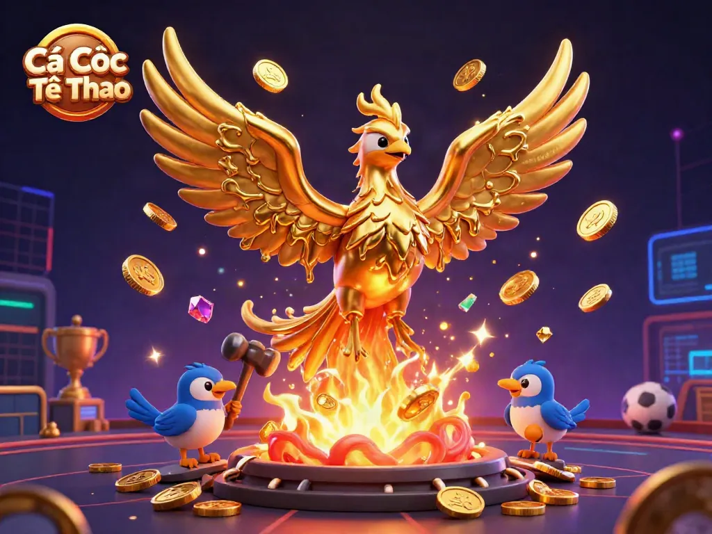 Cá Cược Thể Thao showcases a golden phoenix and sports elements in a dynamic illustration.