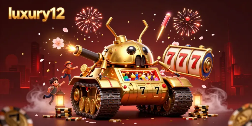 Experience the excitement of luxury12 with this vibrant casino illustration, featuring a golden tank and spinning slot reels.