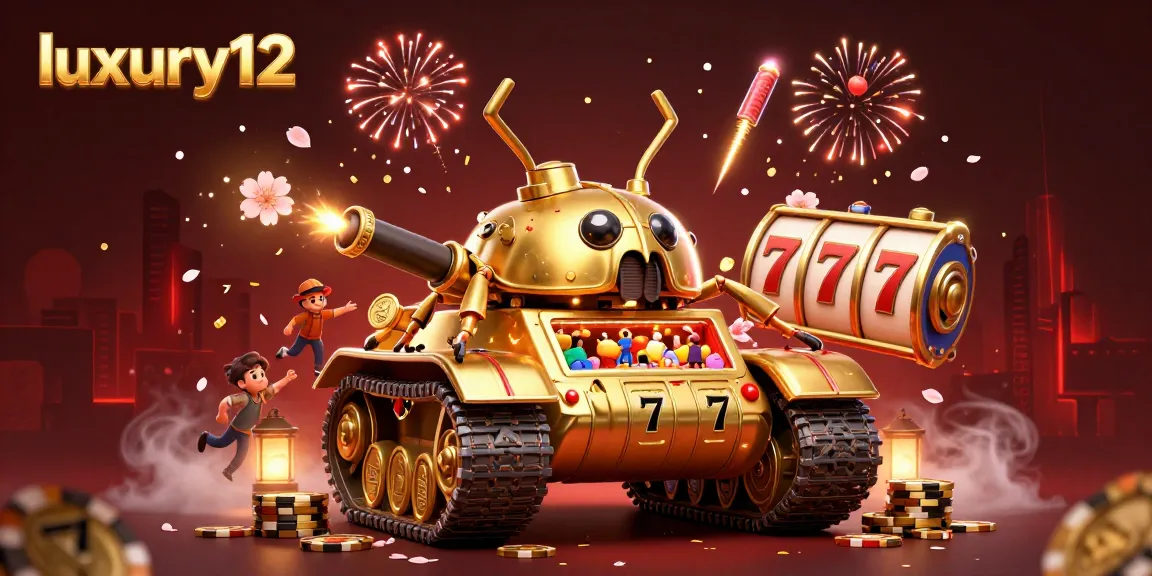 Experience the excitement of luxury12 with this vibrant casino illustration, featuring a golden tank and spinning slot reels.