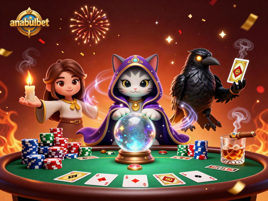 Gambarlah anabulbet dengan ilustrasi kucing mistik, burung gagak, dan elemen judi lainnya