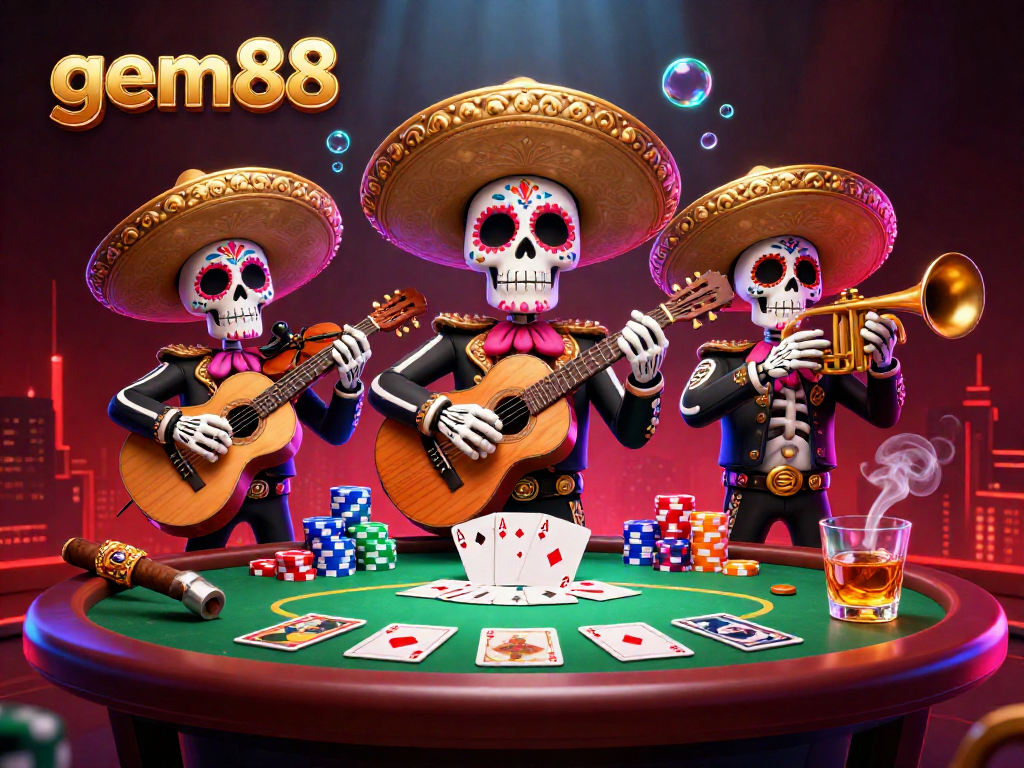 Enjoy thrilling poker action with gem88's mariachi skeletons amid vibrant casino elements.